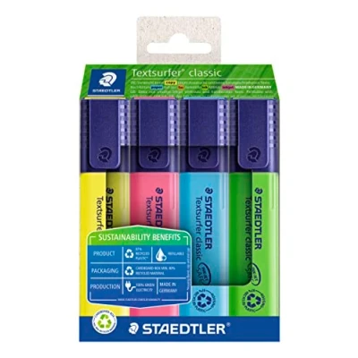 Imagen de Staedtler Resaltador de textos clásico plástico reciclado, gran memoria tinta, punta cuña 1 a 5 mm, larga vida útil, 4 subrayadores en colores surtidos estuche cartón, 364 RC4