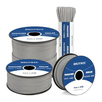 Imagen de Brotree 550 Paracord 4mm 30m Cuerda Paracaidas 100% Poliéster Tipo III 7 Hebras para Al Aire Libre, Exterior, Supervivencia Gris