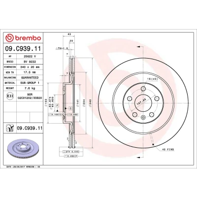 Imagen de BREMBO COATED DISC LINE 09.C939.11 Disco de freno 340 20 5 ventilación interna revestido VOLVO: XC90 II, XC40