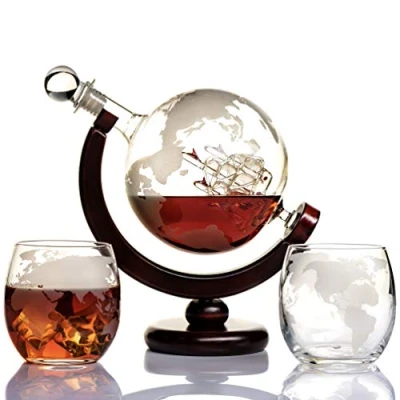 Imagen de Kemstood Juego de decantador whisky (850 ml) grabado del globo mundial para hombres con 2 vasos en caja Accesorios bar el hogar todo tipo bebidas