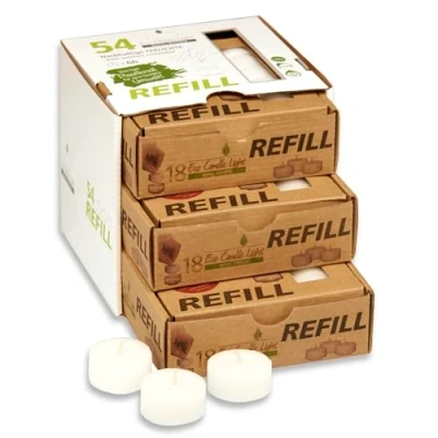 Imagen de Candelo Juego de 54 velas ecológicas recambio para té sin funda rellenar, color blanco, plástico, fragancia, 6 horas combustión