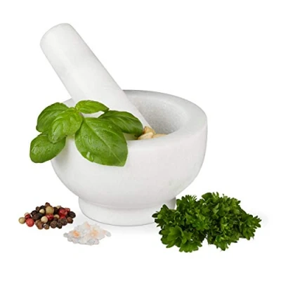 Imagen de Relaxdays 10029949 mármol con mortero, Resistente y Duradero, Especias, Hierbas, Piedra Pulida, diámetro 10 cm, V 120 ml, Color Blanco