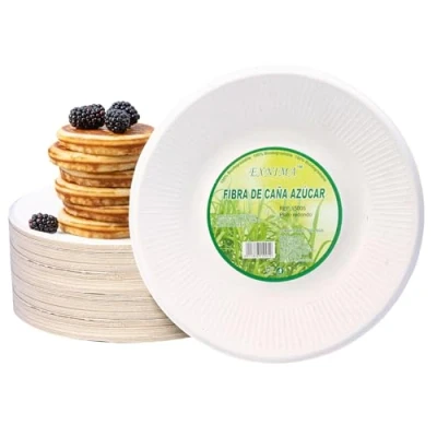 Imagen de EXNIMA, Pack 50, 100, 200, 500 o 1.000 Platos Desechables, Hechos de Fibra Caña Azúcar, Natural, 100% Biodegradable Redondo y Planos para Comidas, Barbacoa, Fiestas, Cumpleaños.