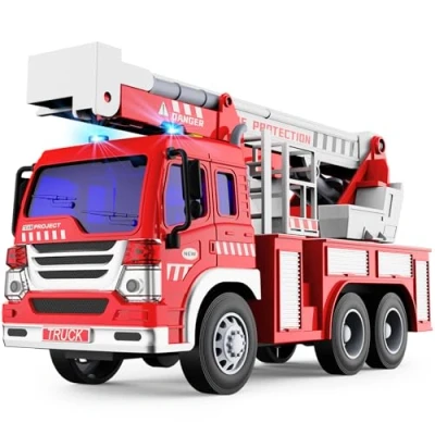 Imagen de GizmoVine Camión Bomberos Juguete, Camiones de Juguete para Niños, Coche a Escala 1:16 Accionado por Fricción con Luces, Sonidos y Escalera Rescate Extensible