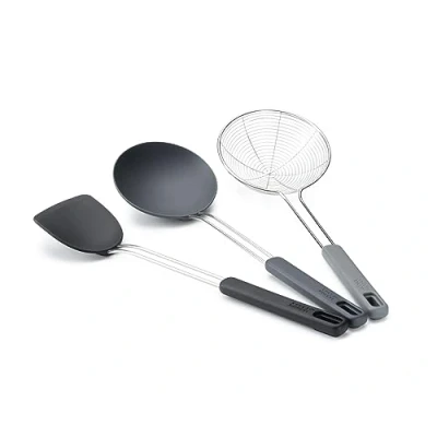 Imagen de Joseph Nest Fusion Espátula, Cuchara y Espumadera para Wok, 3 Piezas, Silicona Acero Inoxidable, Sin BPA, Resistente al Calor Antiadherente