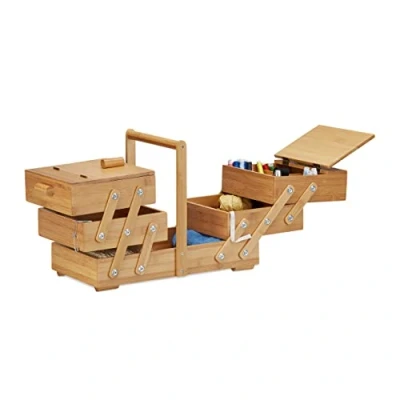 Imagen de Relaxdays Caja de Costura Grande con Compartimentos, Bambú, Beige, 30 x 44 22 cm