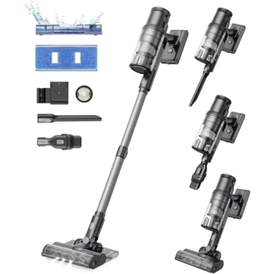 Imagen de Proscenic P11 Mopping Aspiradora sin Cable y Fregona 2 en 1, 45kPa/550W/60Min Escoba Inalámbrico Vertical con Batería Antienredos para Alfombras/Suelos Duros/Cortinas/Pelos de Mascotas