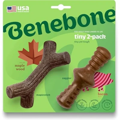 Imagen de Benebone Paquete de 2 minúsculos Maplestick/Zaggler indestructibles para masticadores agresivos, rompedor aburrimiento Resistente Larga duración Perros, Sabor a Tocino Real y Madera