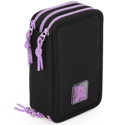 Imagen de Julian Ross Estuche triple relleno para niños, 45 accesorios escolares primarios, 3 cremalleras, compartimentos organizados, ceras, rotuladores, pegamento, tijeras, Negro y morado., Portalápices