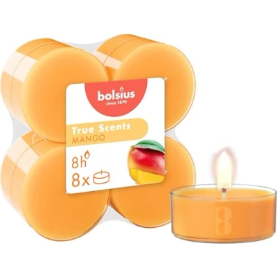 Imagen de Bolsius True Scents Tealights Perfumados Fragancia Mango Juego de 8 piezas Color caramelo Larga duración horas Extractos naturales Vela decorativa Cera Sin humo