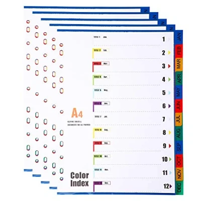Imagen de Paquete de 5 Separadores archivos A4, con 12 Posiciones, Enero a diciembre, Carpeta A4 plástico para 11 Hoyos