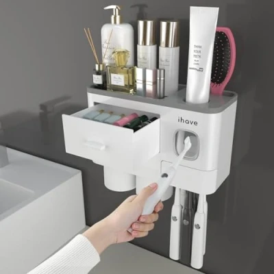 Imagen de iHave Soporte para Cepillo de Dientes, decoración baño, Dientes 2 Tazas montado en la Pared con dispensador automático Pasta Accesorio baño Bandeja