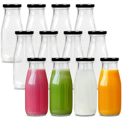 Imagen de BELLE VOUS Frascos de Vidrio con Tapa Reutilizables para Leche Metal (Pack 12) 300 ml Botes Cristal Set Estilo Vintage Fiestas Retro Batido Fruta, BBQ, Bodas y