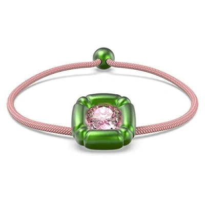 Imagen de Swarovski Pulsera Dulcis Ajustable de Cristal Talla Cojín Para Mujer, Engaste Verde con Cordón Rosa, Colección