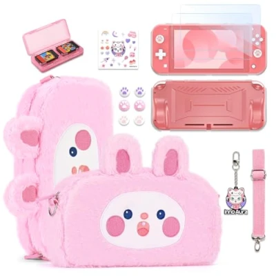 Imagen de innoAura Funda para Switch Lite,Paquete de Accesorios 14 en 1 Lite con Transporte Linda,Protector Pantalla Lite,Estuche Juegos Switch(Conejo Rosa)
