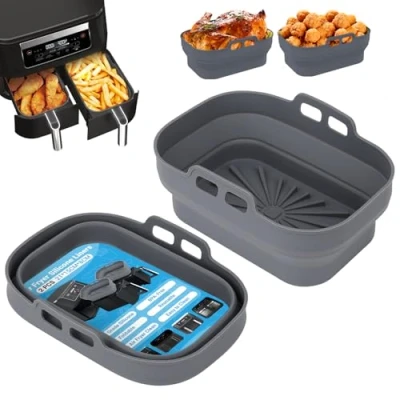 Imagen de Alyvisun Molde Silicona Freidora de Aire, 2 Piezas Moldes Air Fryer Reutilizable Utensilios Bandeja Aire Doble Cesta Recipiente Airfryer Formas Cestillo Base para Microondas, Horno (Gris)