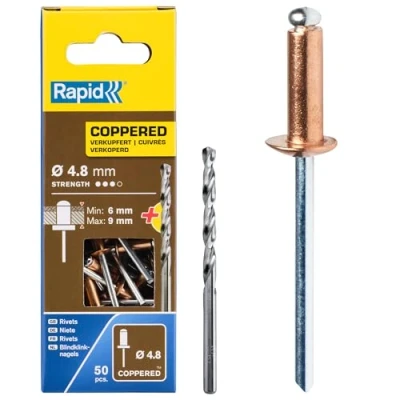 Imagen de Rapid Remaches de Aluminio con Recubrimiento Cobre, Ø4,8 x 12 mm 4,8 para Canalones, Tuberías y Chapa Metálica Incluye Taladro 50 Unidades, Embalaje Cartón (5001467)
