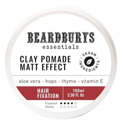 Imagen de Beardburys Essentials Clay Pomade Cera Pelo Hombre Mate, Fijación Alta y Acabado Sin residuos Natural Vegana 100ml