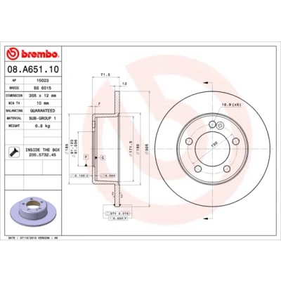 Imagen de BREMBO 08.A651.10 Disco de freno 305 12 5 macizo con tornillos RENAULT: MASTER 3 Kasten, 3, OPEL: Movano B Furgón, NISSAN: NV400 Furgón