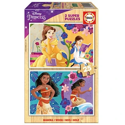 Imagen de Educa Disney Princess Set de 2 Puzzles Infantiles Madera con 25 Piezas Cada uno. Medida una Vez montado: 26 x 18 cm. Compuesto por Grandes Perfectamente acabadas. +4 años (19671)