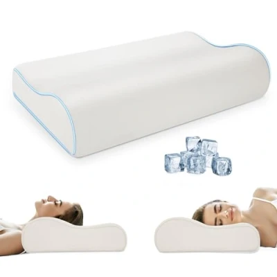 Imagen de PKBD Almohada de Espuma Viscoelástica con Funda Almohada(Seda Helada), Ortopédica Ergonómica, Contorneada para Dormir Lado, Boca Arriba y Abajo