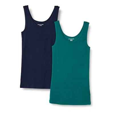 Imagen de Amazon Essentials Camiseta Ajustada sin Mangas Mujer, Pack de 2, Azul Marino/Verde Oscuro, XL