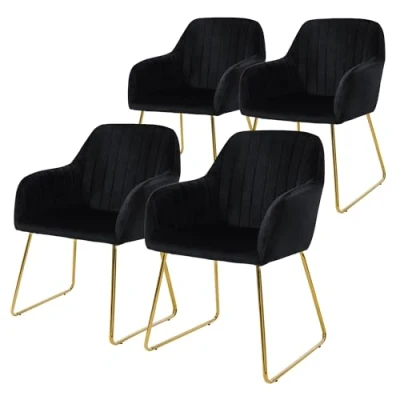 Imagen de ML Design Juego de 4X Sillas Comedor Negras Asiento Ergonómico Acolchado Tapizado Terciopelo, Patas Metal Dorado Sillón Diseño Moderno para Mesa Salón Escritorio Dormitorio o Cocina