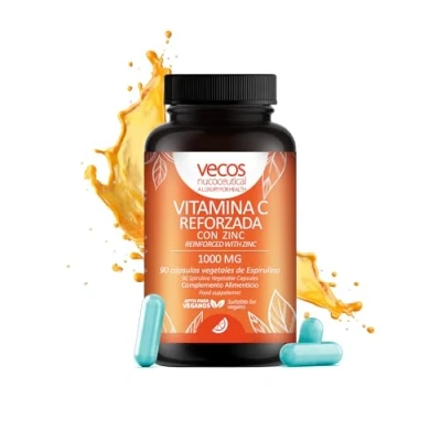 Imagen de Vecos Vitamina C 1000 mg con Zinc para Reforzar el Sistema Inmunológico 90 Cápsulas Vegetales Ayuda a Reducir Cansancio y la Fatiga Potente Antioxidante Natural