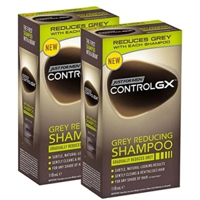 Imagen de Just For Men Control GX Champú Grey Reducing para cabello gris, con aceite de coco y aloe vera, nueva fórmula mejorada, todos los tonos, 118 ml x 2 uds Pack Promoo
