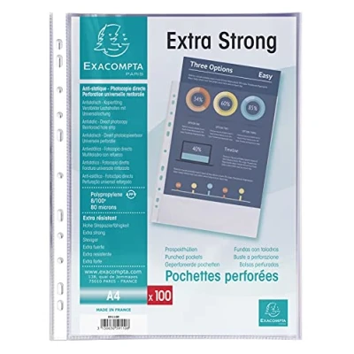 Imagen de Exacompta 59110E Bolsas perforadas para archivar documentos (A4, polipropileno, grano 8/100e, 100 unidades), color transparente