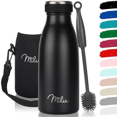 Imagen de Milu Botella de acero inoxidable, 350, 500, 750 ml, 1 l, 1,5 termo a prueba fugas, apto para bebidas con gas, niños y adultos, incluye cepillo limpieza, color negro, 350 ml