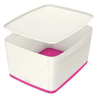Imagen de Leitz MyBox Grande con tapa, Caja de almacenaje para casa o la oficina, 18 litros, A4, Blanco/Rosa metalizado, Plástico brillante, 52161023