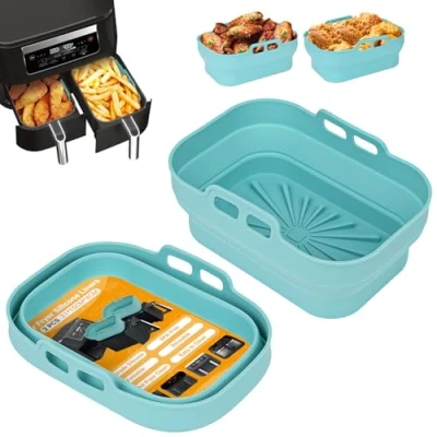 Imagen de Alyvisun Molde Silicona Freidora de Aire, 2 Piezas Moldes Air Fryer Reutilizable Utensilios Bandeja Aire Doble Cesta Recipiente Airfryer Formas Cestillo Base para Microondas, Horno (Azul)