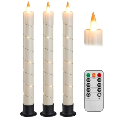 Imagen de Da by 3 velas cónicas parpadeantes sin llama que funcionan con pilas, control remoto y dinámica 3D LED de tiempo, 9.6 pulgadas para boda, fiesta, decoración del hogar, color marfil