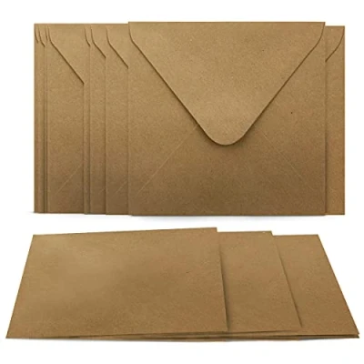 Imagen de 50 sobres + tarjetas cuadradas plegables, juego de papel kraft, plegables en blanco, 220 g m², 13,5 x cm, naturales 90 14 cm