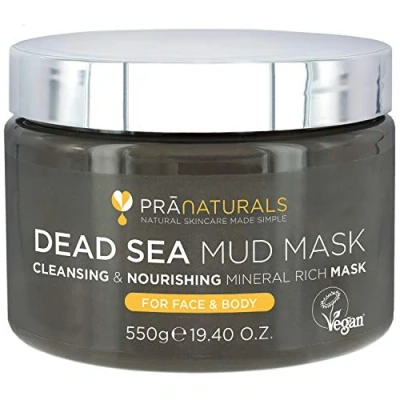 Imagen de PraNaturals 550g Mascarilla Facial y Corporal 100% Natural Orgánica con Barro del Mar Muerto, Rica en Minerales Nutritivos, Hidrata Desintoxica la Piel, Exfolia Células Muertas de Piel