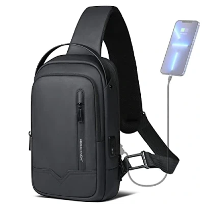 Imagen de hk Bolso Hombre Bandolera, Cruzado de Hombro 9.7&quot; con USB Mochila Práctica Paquete Impermeable para Trabajo y Ocio Viaje Deporte Oficina Unversidad Negro
