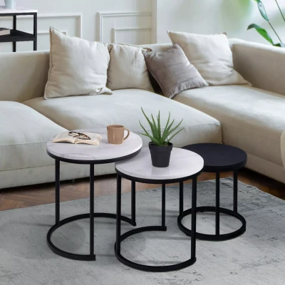 Imagen de IDMarket Alaska Juego de 3 mesas bajas (redondas, 35/40/45, efecto mármol y negro, patas metálicas)