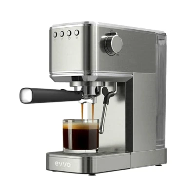 Imagen de EVVO Cafetera Express Intensa, Presión de 20 bares, Cuerpo Acero, Espressos y Capuccinos, 1350W, Doble salida, Portafiltros, Depósito 1,2 l, Calentamiento Rápido (Steel, Sin manómetro)