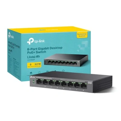 Imagen de TP Link Switch Gigabit de 8 puertos para computadora con PoE+ puertos, capacidad conmutación hasta 16 Gbps, transmisión PoE 250 m, funcionamiento silencioso, diseño sin ventilador,