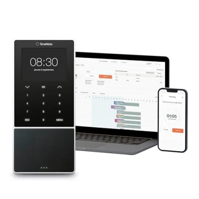 Imagen de Terminal de fichaje basado en la nube TimeMoto TM 818 SC, se empareja con tarjetas acceso inteligentes sin contacto, lector RFID/llavero RFID, PIN, hasta 2.000 usuarios, wifi