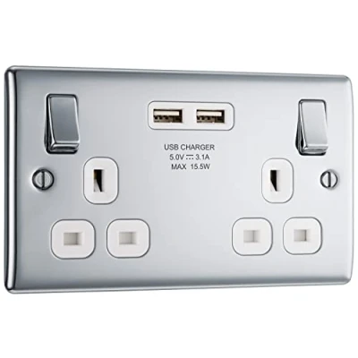 Imagen de BG Electrical Enchufe, 13A, 2x toma de corriente con carga USB, Cuadrados blancos 2 x enchufes USB
