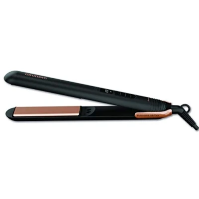 Imagen de GRUNDIG Naturashine HS 7030 Plancha de pelo (6 niveles, 130 C a 230 C, función iónica, placas cerámica móviles, modo protector cabello, color negro y oro rosa)