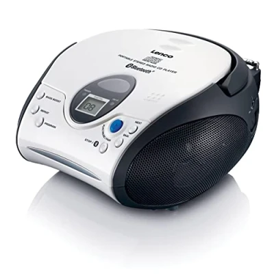 Imagen de Lenco SCD 24 blanco/negro, radio FM portátil con reproductor de CD, conector para auriculares, cable, pilas, ideal llevar, fácil usar