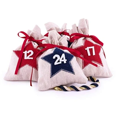 Imagen de Pajoma 24 Bolsas de Yute numeradas con Estrellas para Calendario Adviento, Colgar y Rellenar en Navidad