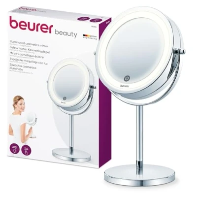 Imagen de Beurer BS 55 espejo maquillaje con luz, LED brillante (18 LEDs), pivotante, encendido sensor táctil, 1 cara vista normal, de aumento (x7), acabados cromados