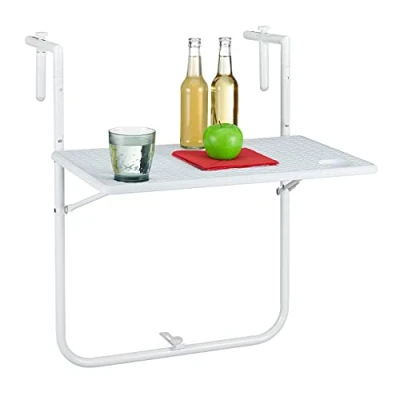 Imagen de Relaxdays Mesa Colgante Plegable para balcón, Regulable en 3 Alturas, Tablero de imitación Madera, 59,5 x 36 cm, Color Blanco, Mesita, Barandilla, Terraza, Efecto Ratán, 5x36, Exterior, 1 Pieza
