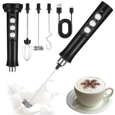 Imagen de FAOKZE Espumador de Leche,USB Recargable Batidor leche con 3 Batidores Acero Inoxidable,Con velocidades ajustables,espumador electrico para Capuchino,Café,Matcha