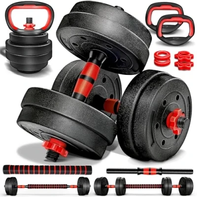 Imagen de RE:SPORT Juego de mancuernas 2 en 1, 15 30 kg, ajustables, cortas y largas, cierres estrella tubo conexión (Set con kettlebell kg)
