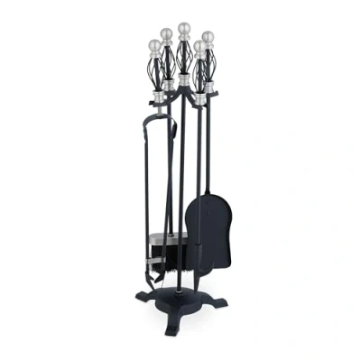Imagen de Relaxdays Accesorios Chimenea 5 Piezas, Set de Estufa con Atizador, Pinzas, Escoba, Pala y Soporte, Hierro, Negro/Plata, 66 x 21 cm